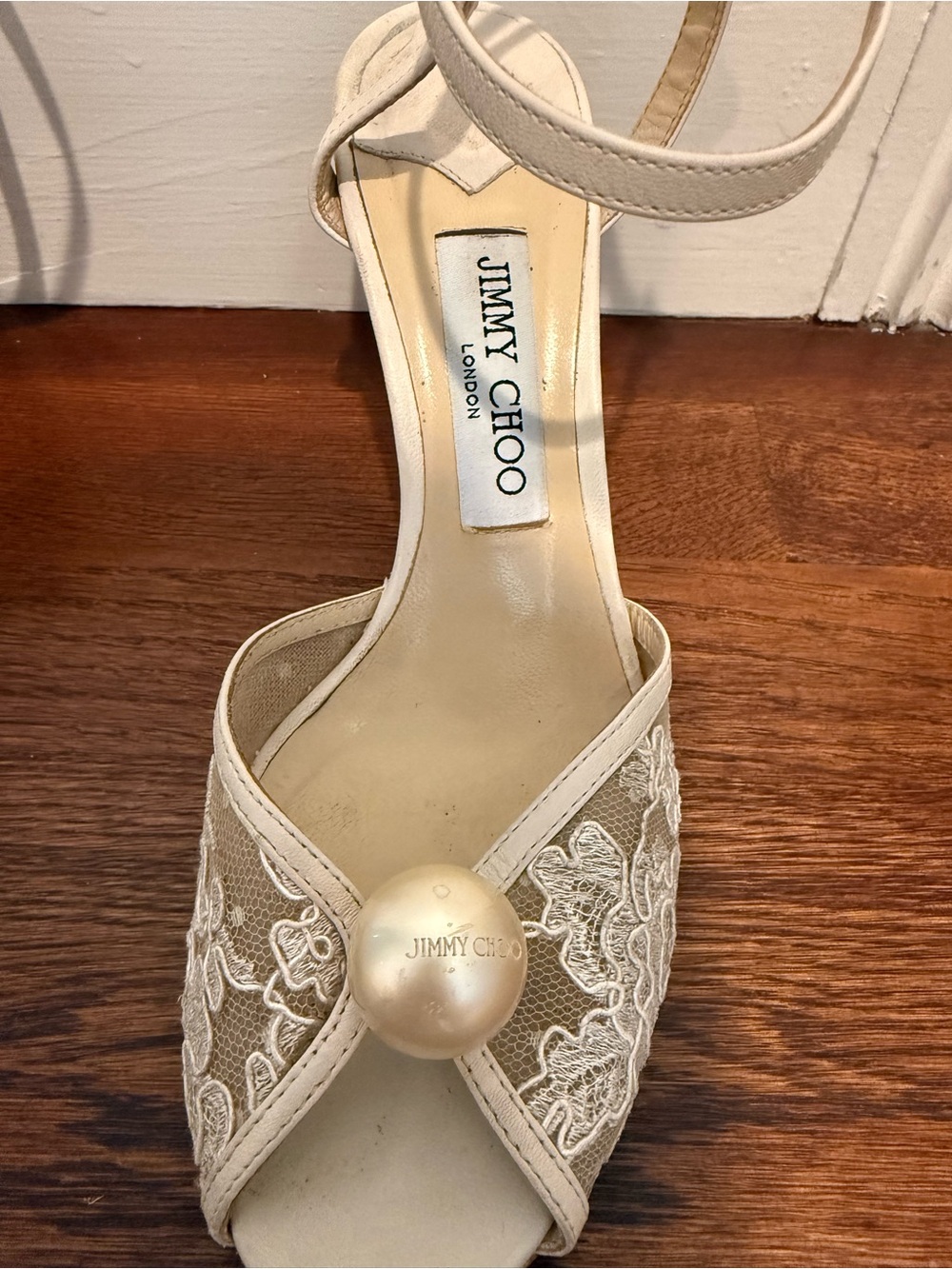 Jimmy Choo Sacora 85 MM Ivory Lace Peep-Toe Ankle Strap Heels with Pearl - Picture 7 of 16